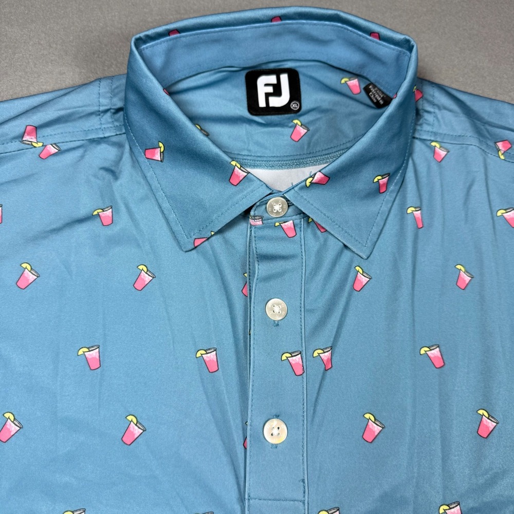 FootJoy Mens Golf Polo XL Blue Pink Cocktail Print Performance Stretch Short Slv